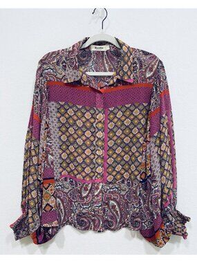 Bestto Top Womens Large Boho Floral Paisley Patchwork Puff Sleeve Sheer Peasant